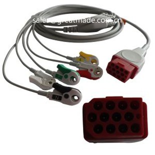 Saderīgs Bionet BM3 BM5 viengabala EKG kabelis ar vadiem, AHA, 5-svina, ar spraudni, ar sarkanu 12 pin